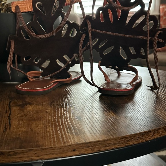 Red and Blue Gladiator Sandals with Beaded Design - Picture 3 of 4